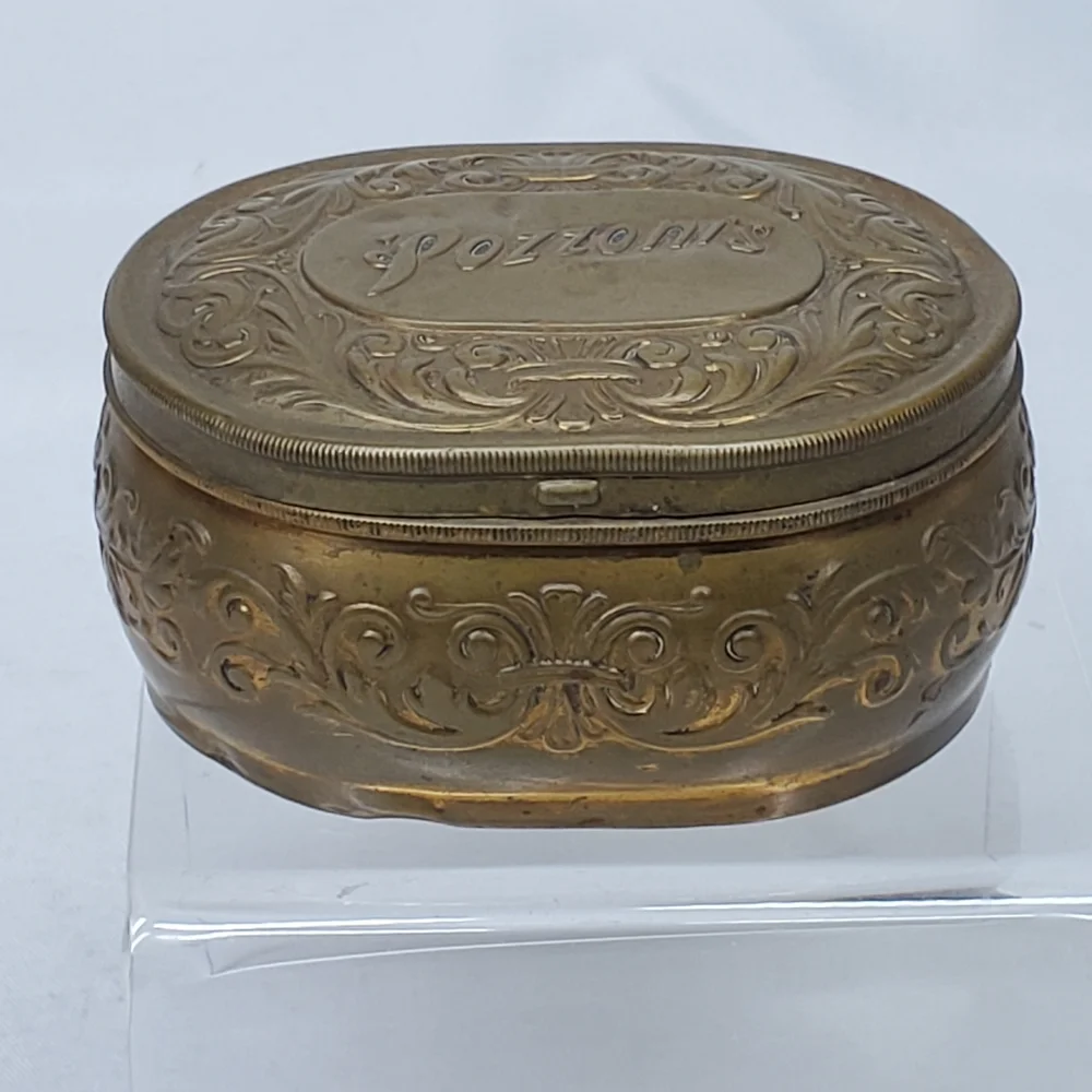 Antique Pozzoni's 1912 Brass Powder Puff Tin Box Embossed Lidded Trinket Dresser